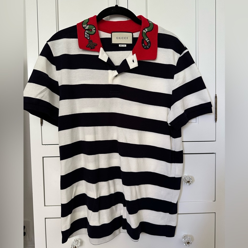 Gucci black and white stripe cotton buttoned polo men’s